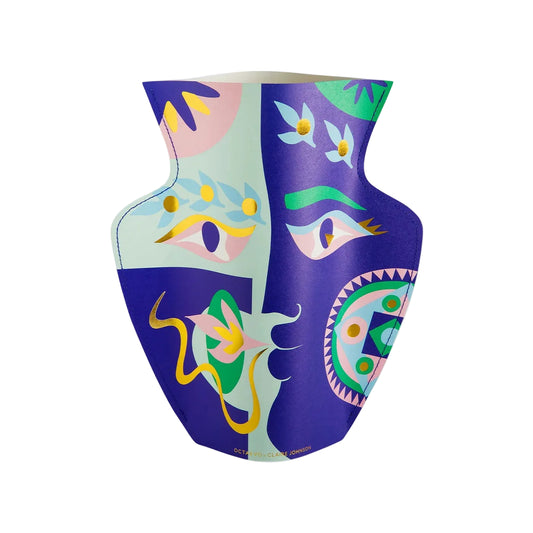 Decorative paper vase with colorful abstract design on a white background
