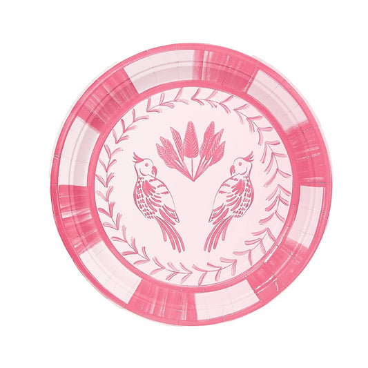 Pink decorative paper plate with lovebirds and leaf design based on china