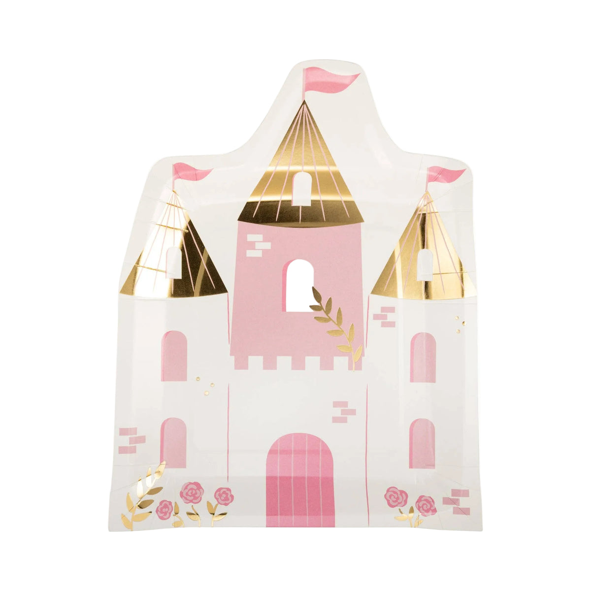 A white paper party plate shaped like a pink castle with gold foil-tipped towers and small gold and pink decorative accents, shown on a plain white background.