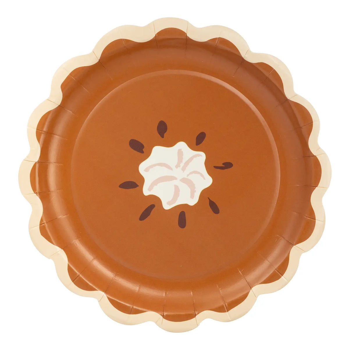 A round paper plate styled like a pumpkin pie, featuring a warm orange-brown center, a white whipped cream burst in the middle, and dark brown pie-seed details, all surrounded by a scalloped cream-colored rim on a plain white background.