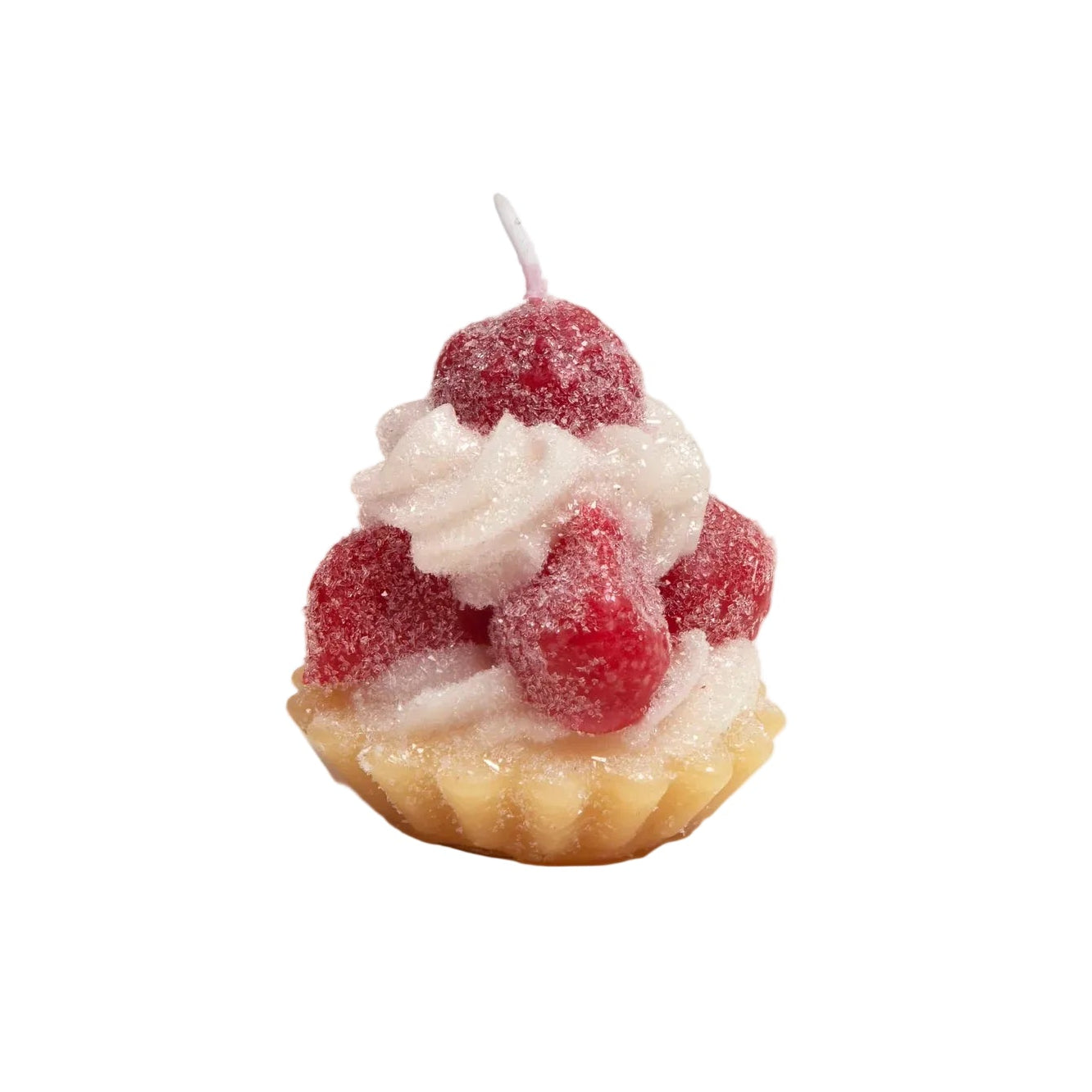 Candle shaped like a dessert with raspberries and cream on a white background