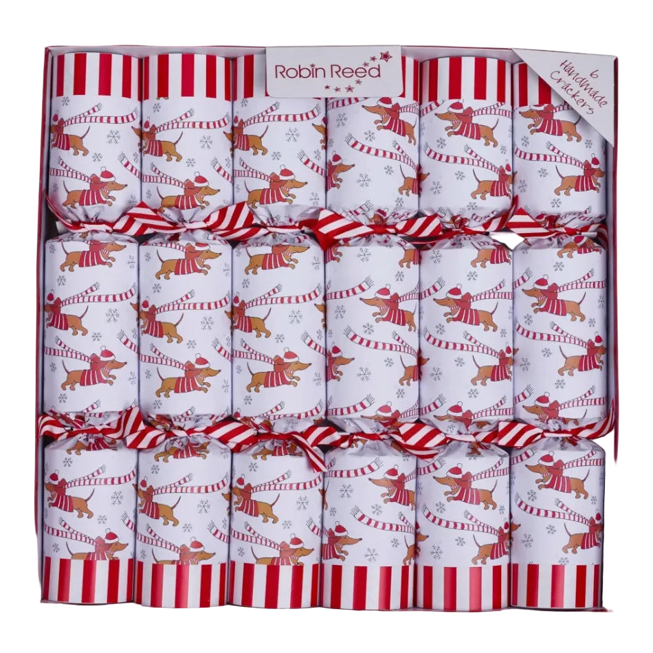 A boxed set of 6 Christmas cracker packs by Robin Reed, featuring a white background printed with brown dogs in red and white striped sweaters and scarves, with red and white striped bands tied around each pack.