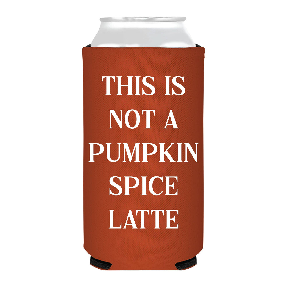 Brown can cooler with white text on a white background