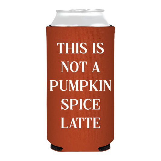 Brown can cooler with white text on a white background