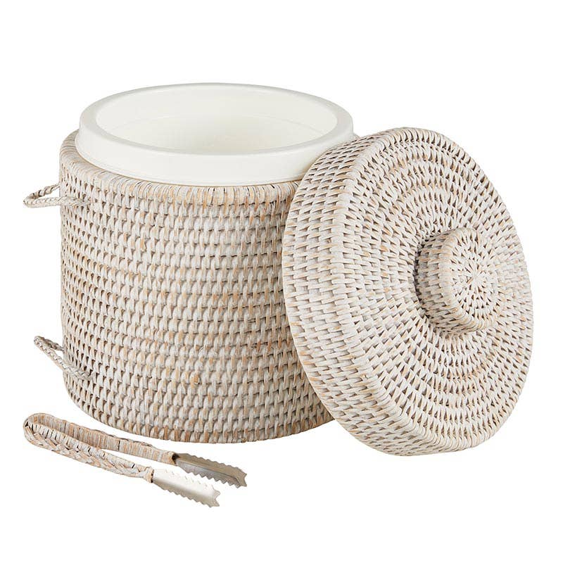 Woven storage basket with a white interior and lid on a white background