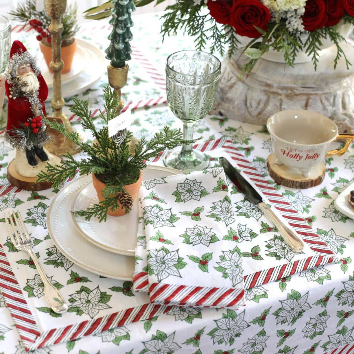 Block Print Poinsettia Tablecloth