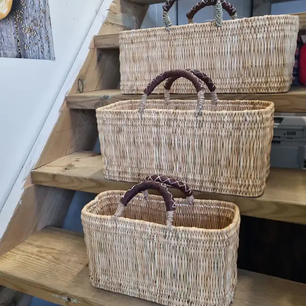 REED BASKET WITH LEATHER Handles: Small