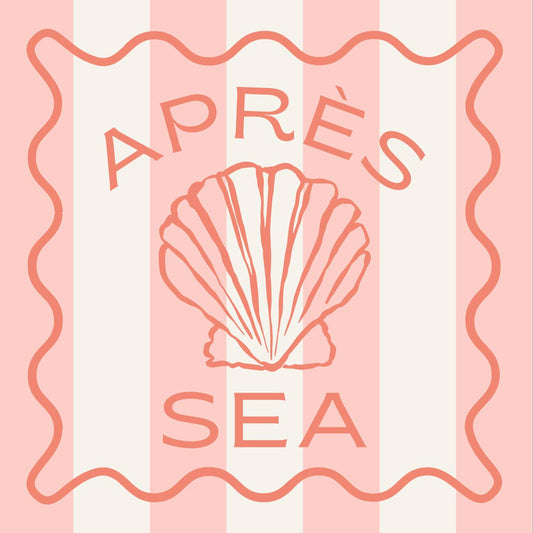 Seashell design with 'APRèS SEA' text on a pink and white striped cocktail napkin