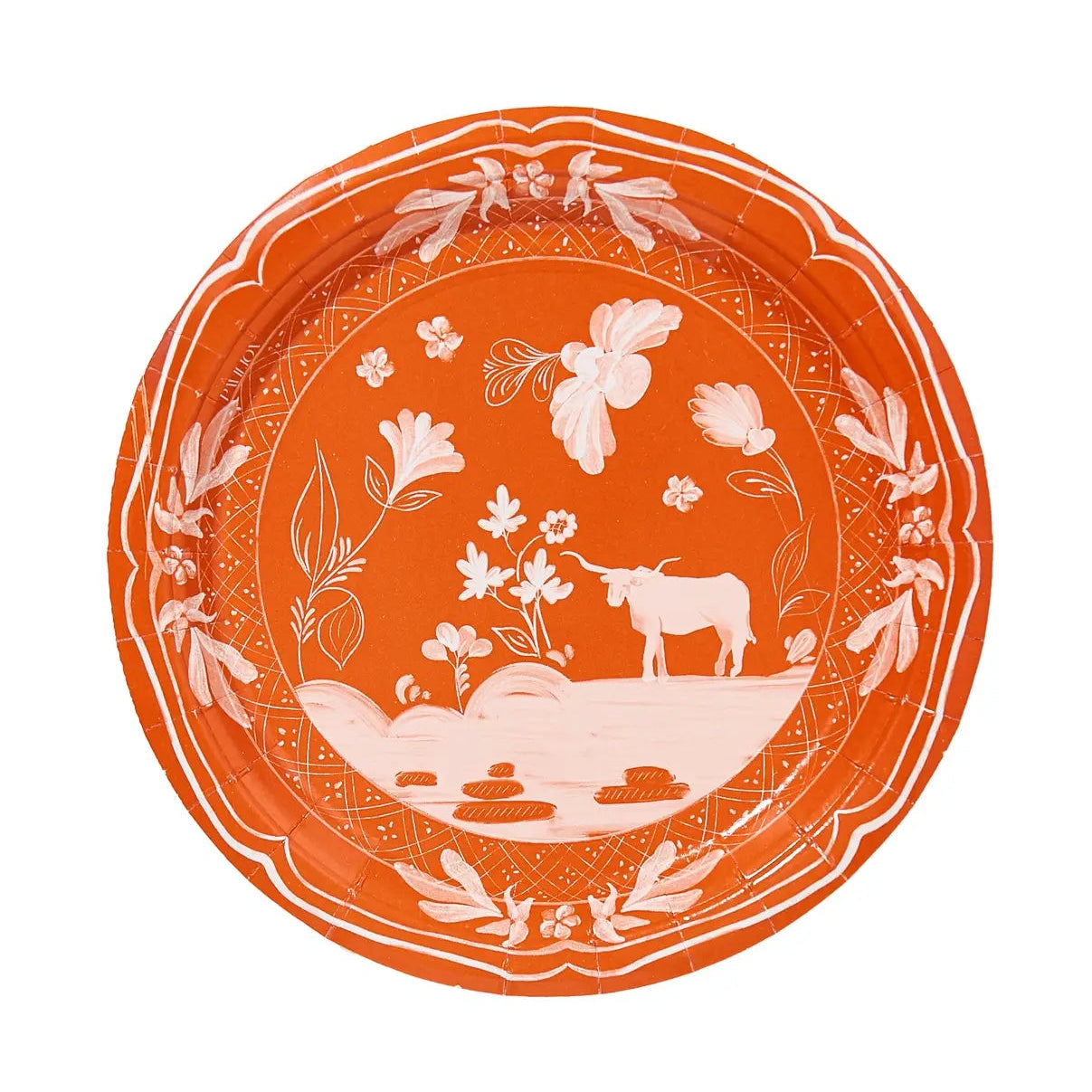 An orange ceramic plate featuring a white hand-painted classical style illustration of a cow, flowers, and leaves.