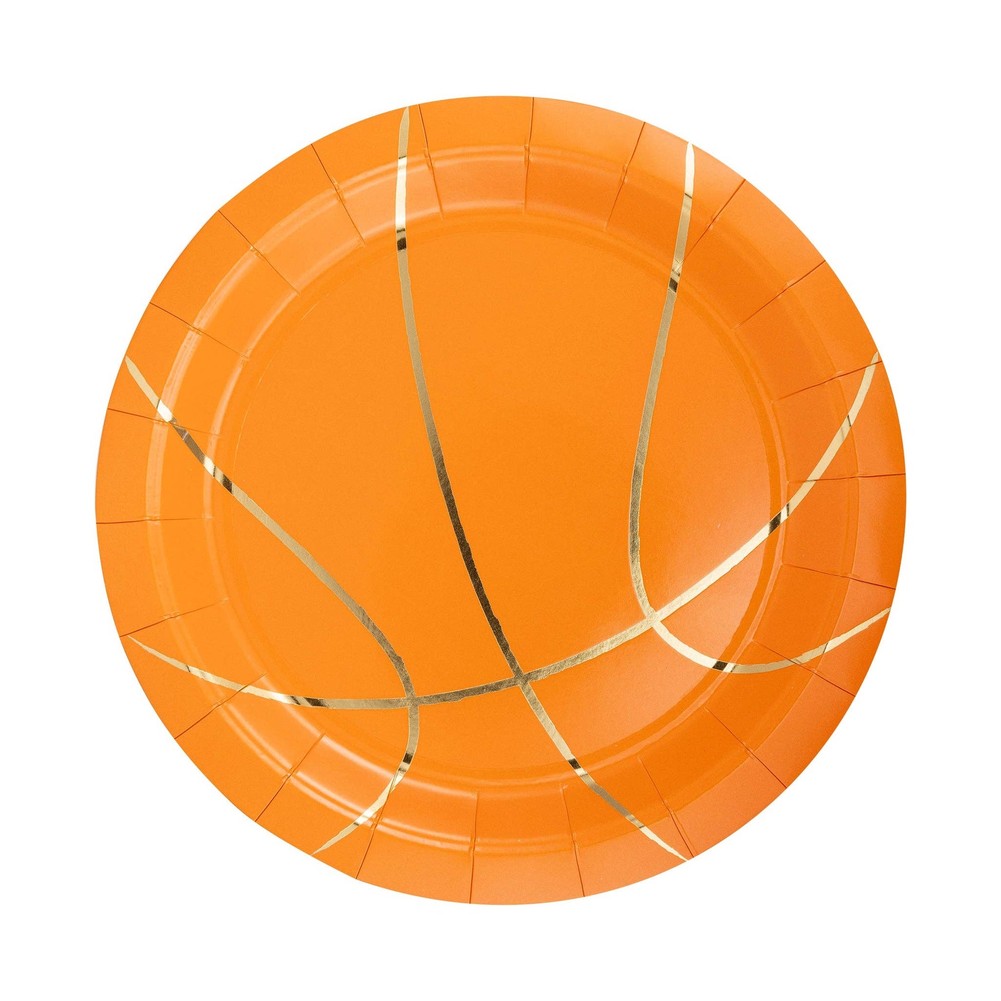 Orange paper plate with basketball design on a white background
