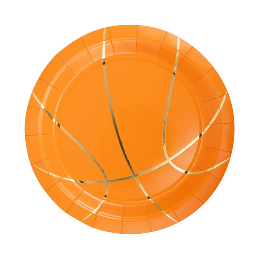 Orange paper plate with basketball design on a white background