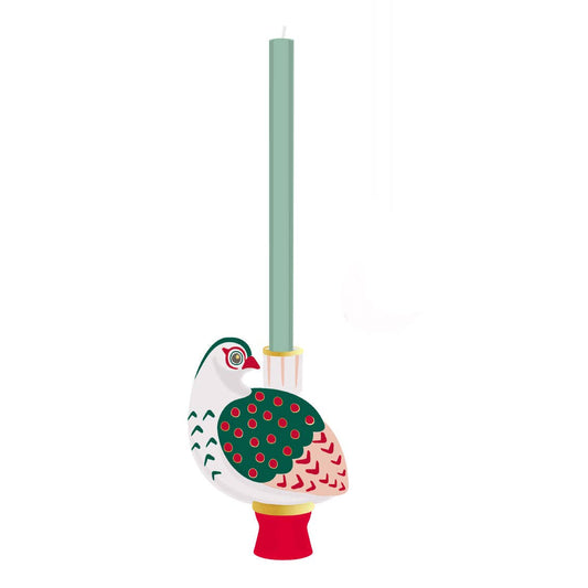 Decorative candle holder shaped like a bird with a green candle on a white background