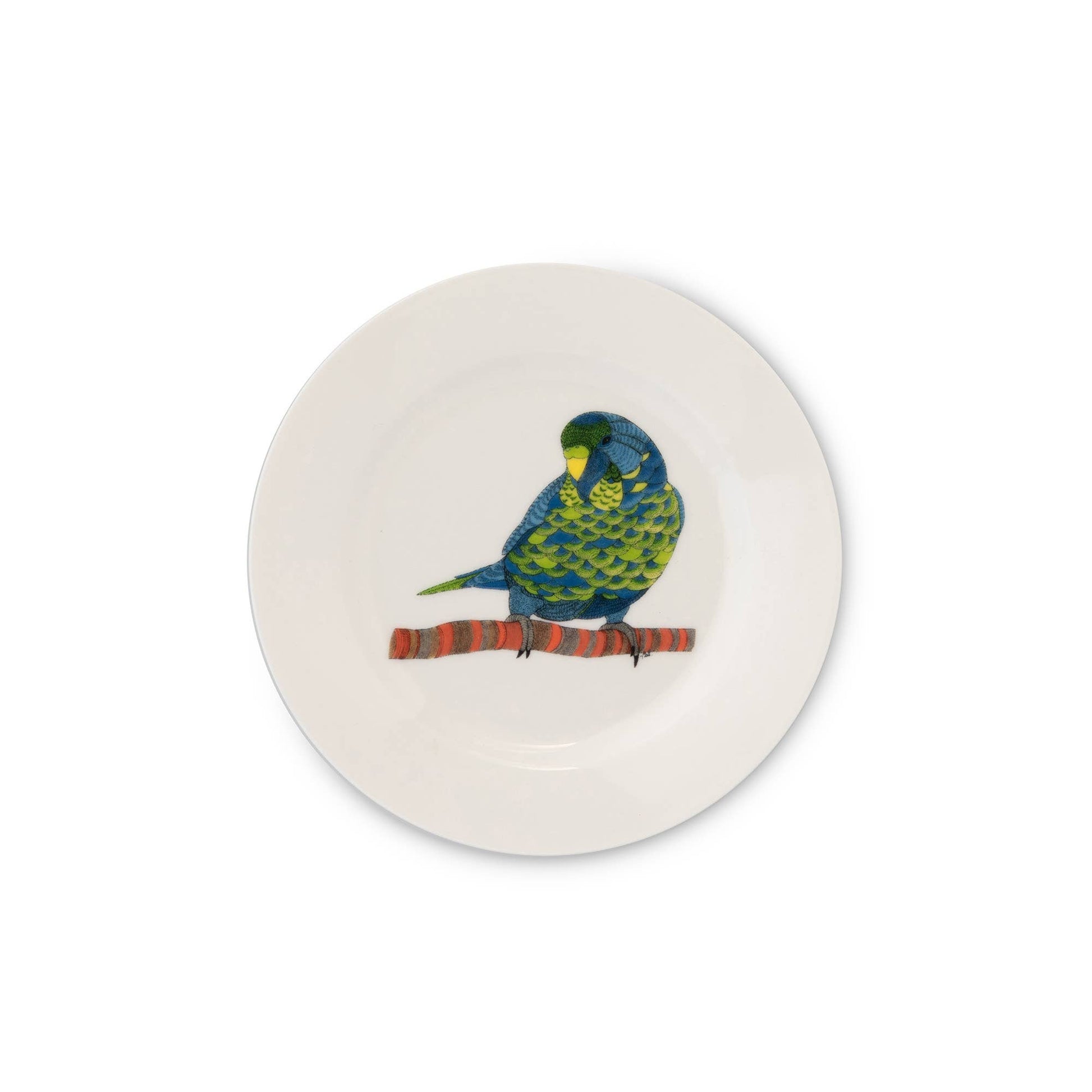 Round ceramic plate with a parrot design on a white background