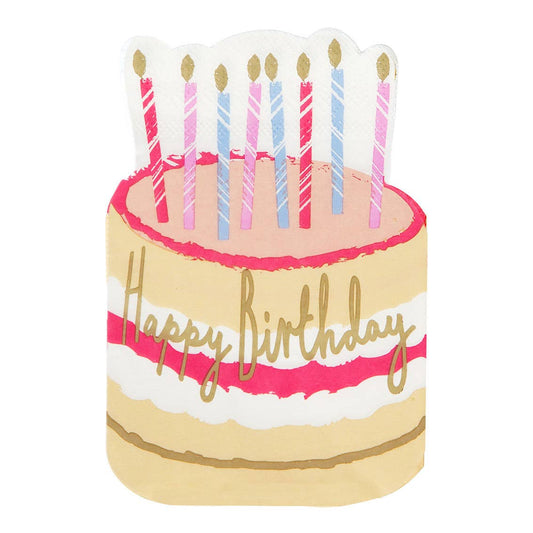Birthday cake napkin with candles and 'Happy Birthday' text on a white background