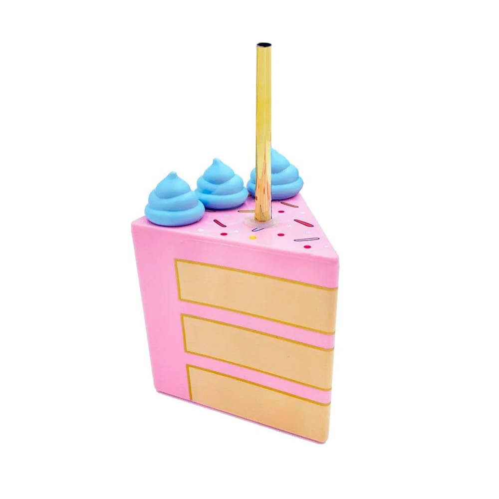 drink sipper designed like a cake slice with blue whipped cream and a straw on a white background
