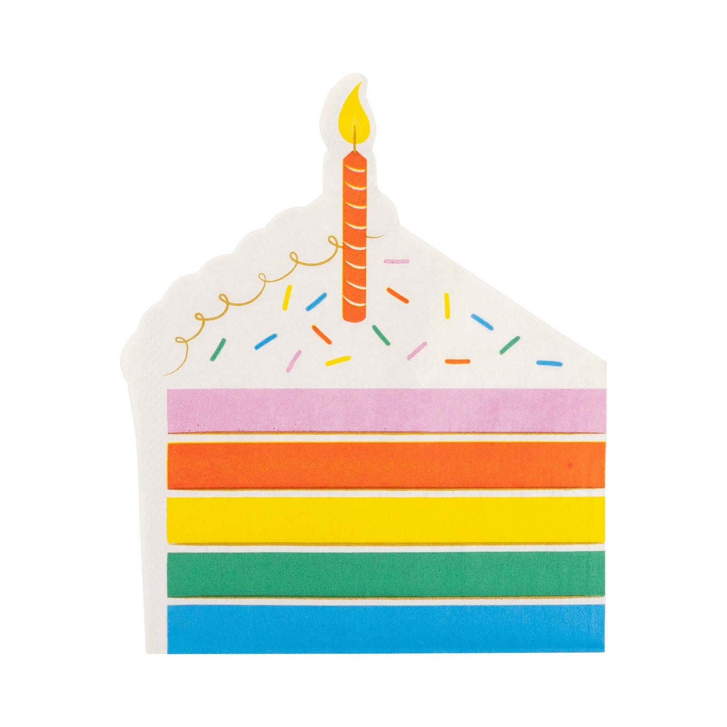 Colorful cake-shaped napkin with a candle and sprinkles on a white background