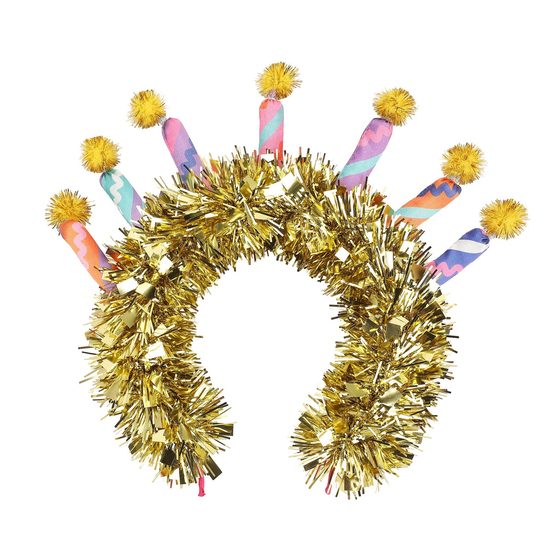 Gold tinsel wreath with colorful party hats and pom-poms on a white background