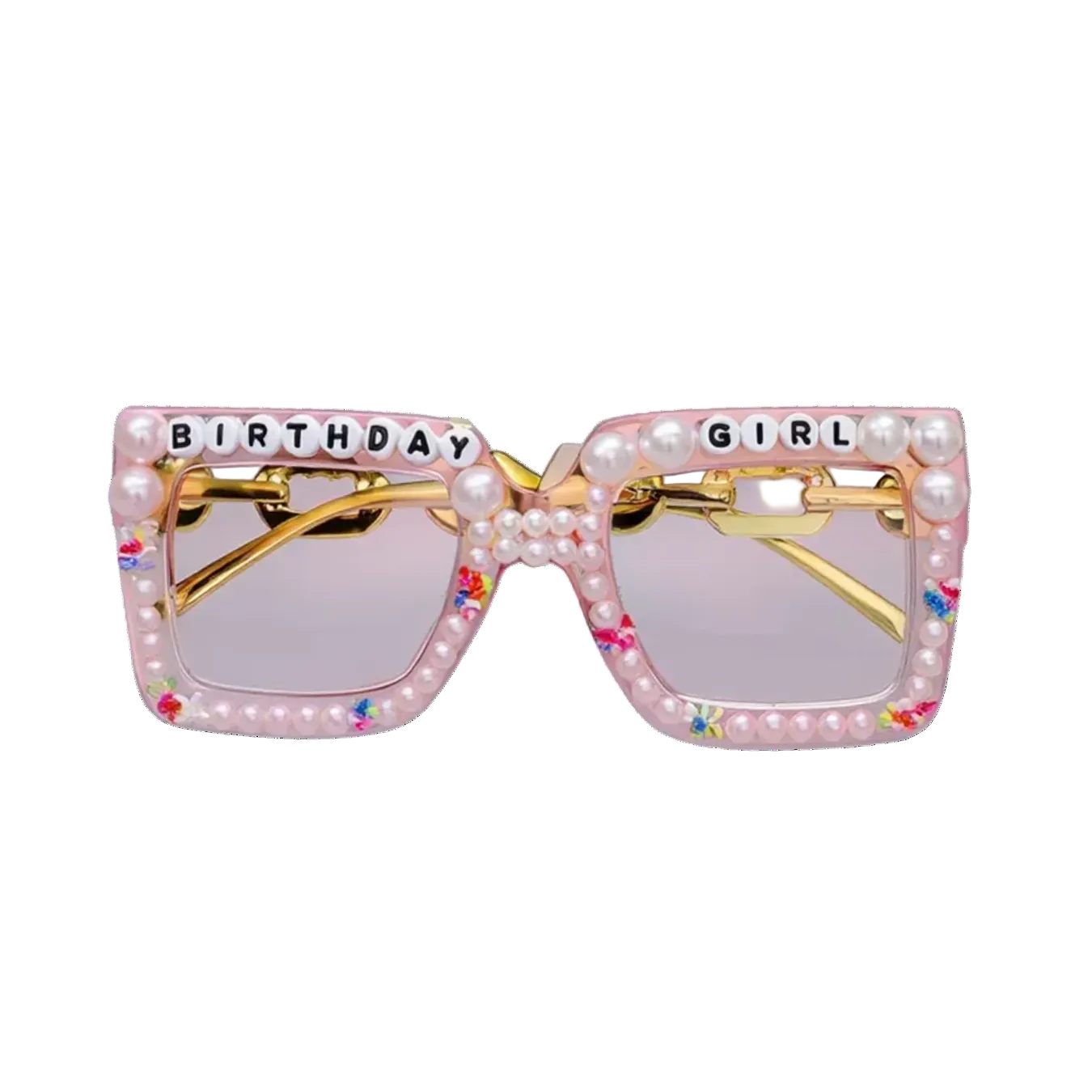 Sunglasses with 'Birthday Girl' text and pearl embellishments on a white background