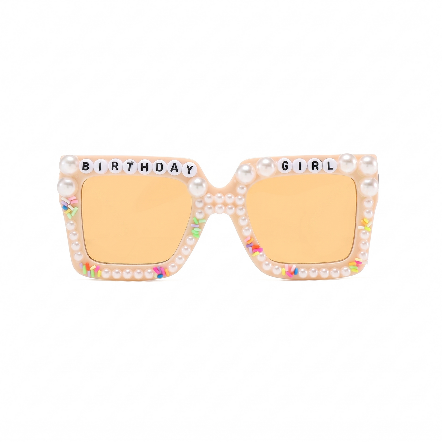 Sunglasses with 'Birthday Girl' text and pearl embellishments on a white background