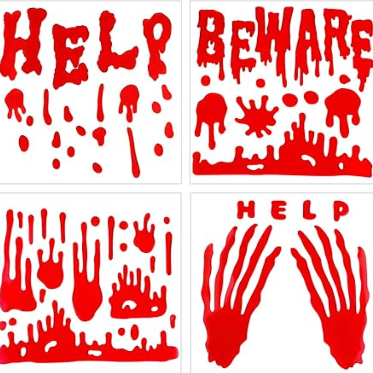 Six red Halloween-style warning and horror decals arranged in a 2x3 grid on a white background, including dripping blood text reading HELP and BEWARE, clawed hand shapes, and bloody handprint motifs.