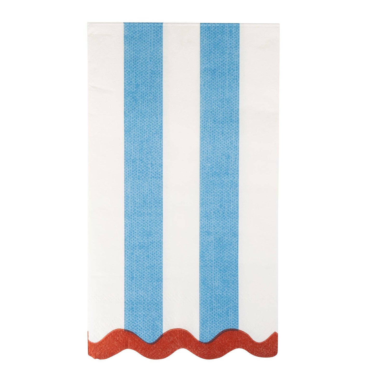 Striped paper napkin with blue and white vertical stripes and a red border on a white background