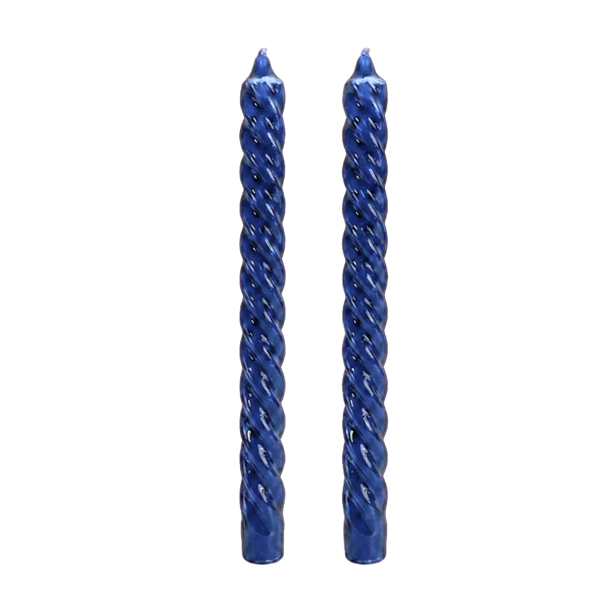 two twisted taper candles in a glossy cobalt blue finish, standing upright side-by-side on a plain white background.