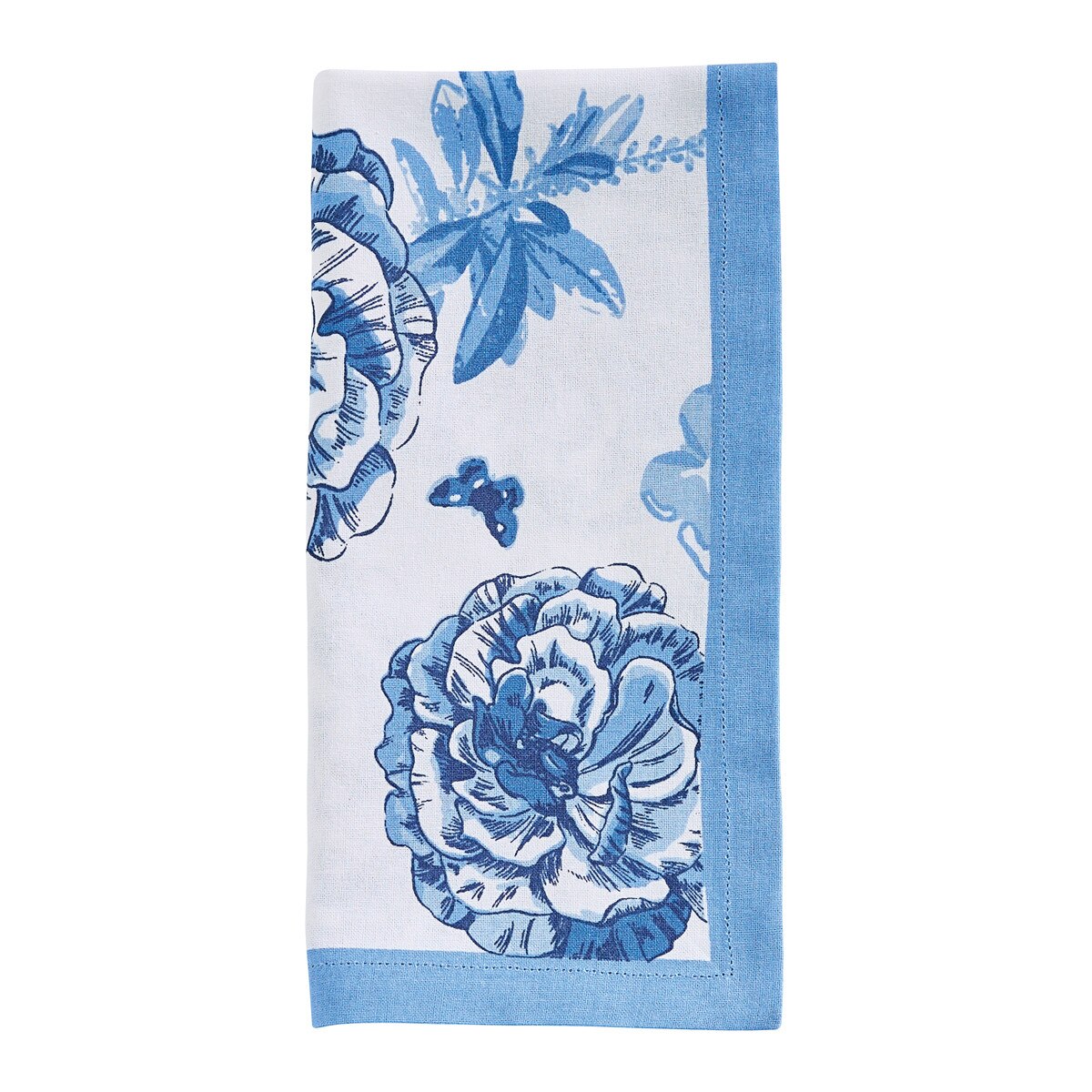 Floral patterned napkin with blue flowers on a white background
