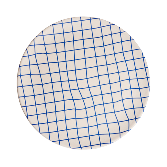 Round plate with blue grid pattern on a white background