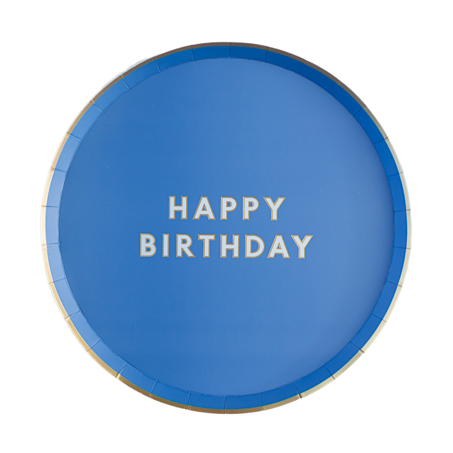 Blue paper plate with 'Happy Birthday' text on a white background