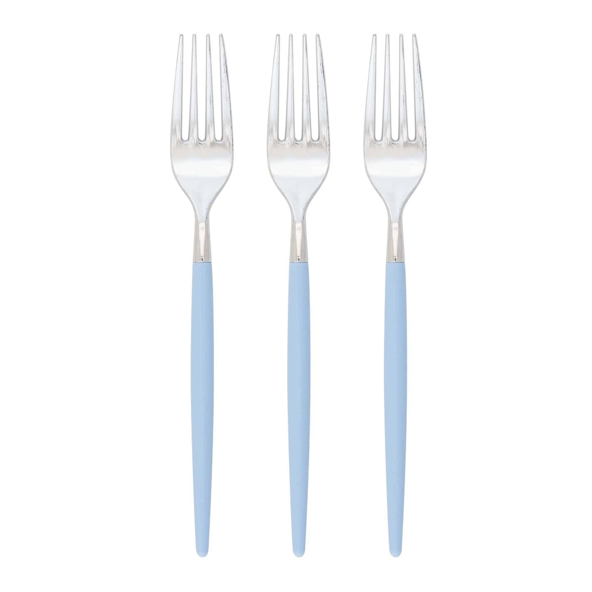 Three silver forks with light blue handles on a white background.