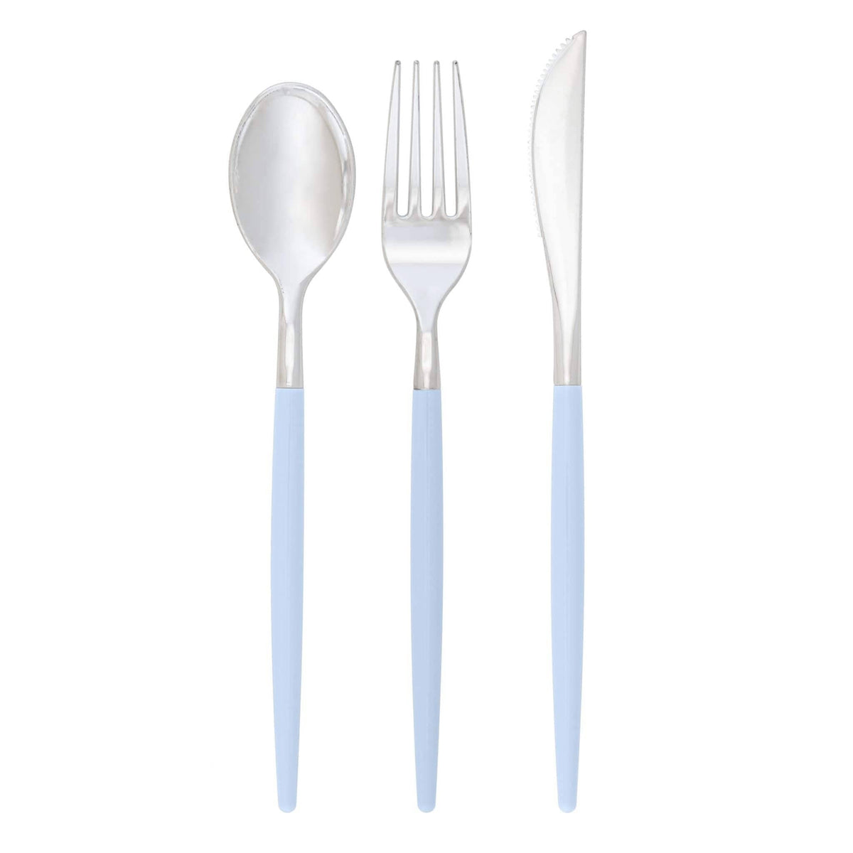 Silver spoon, fork, and knife with light blue handles on a white background, 