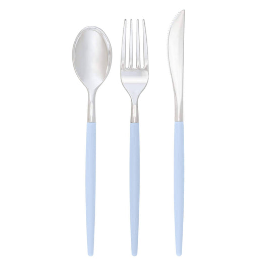 Silver spoon, fork, and knife with light blue handles on a white background, 