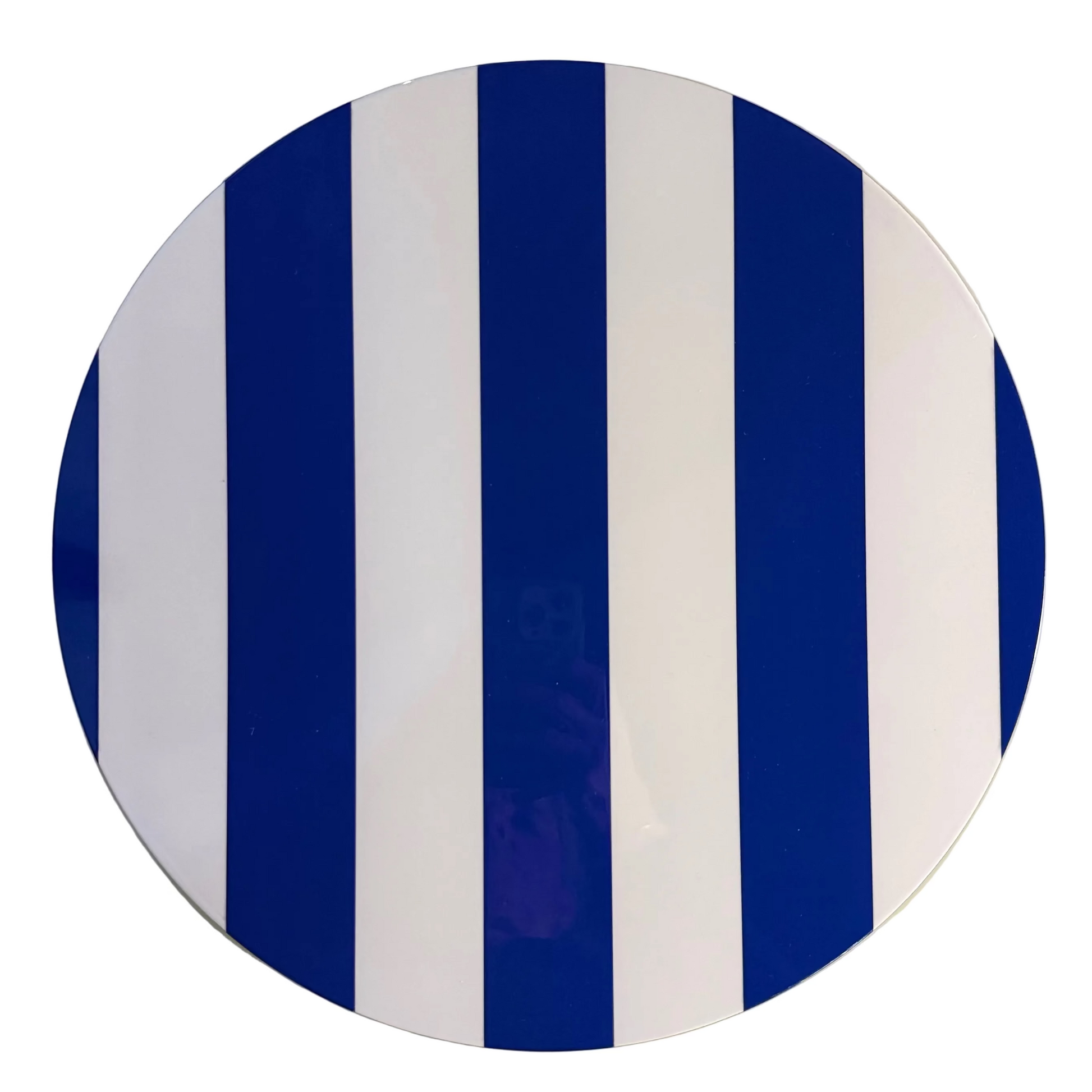 A round decorative placemat featuring bold vertical stripes in deep blue and white, photographed against a plain off-white background.