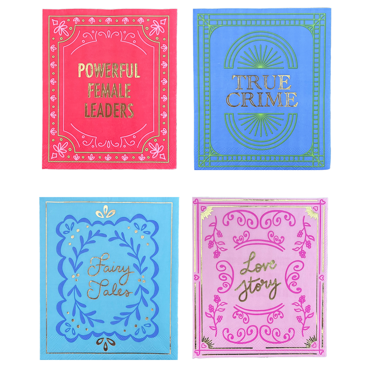 Four book covers with titles 'Powerful Female Leaders', 'True Crime', 'Fairy Tales', and 'Love Story' on a white background.