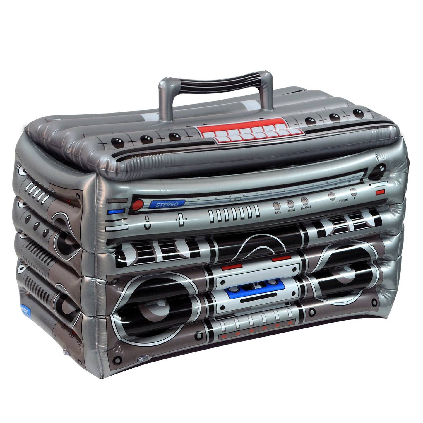 Inflatable boombox cooler with retro design on a white background