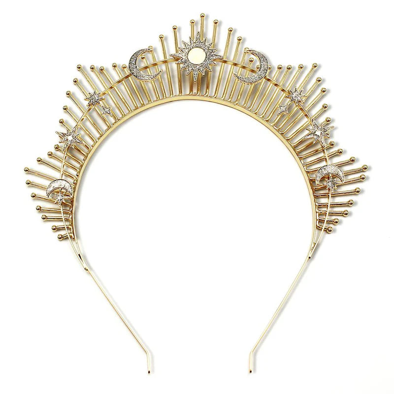 Gold headband with celestial designs on a white background