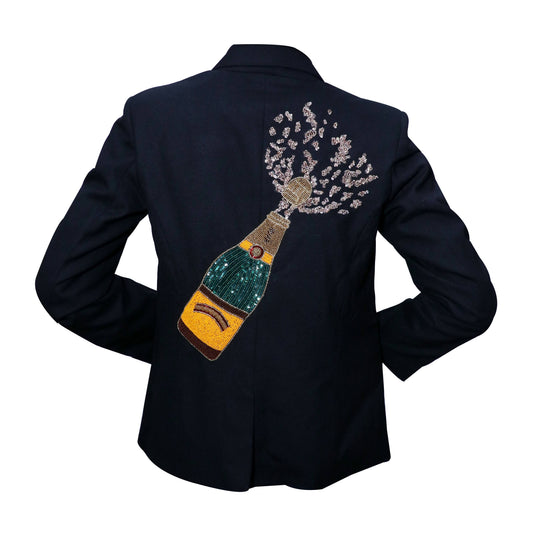black blazer with orange and green champagne bottle exploding on the back 
