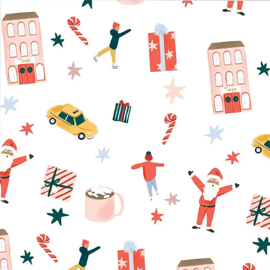Christmas-themed pattern with Santa Claus, presents, and winter elements on a white background