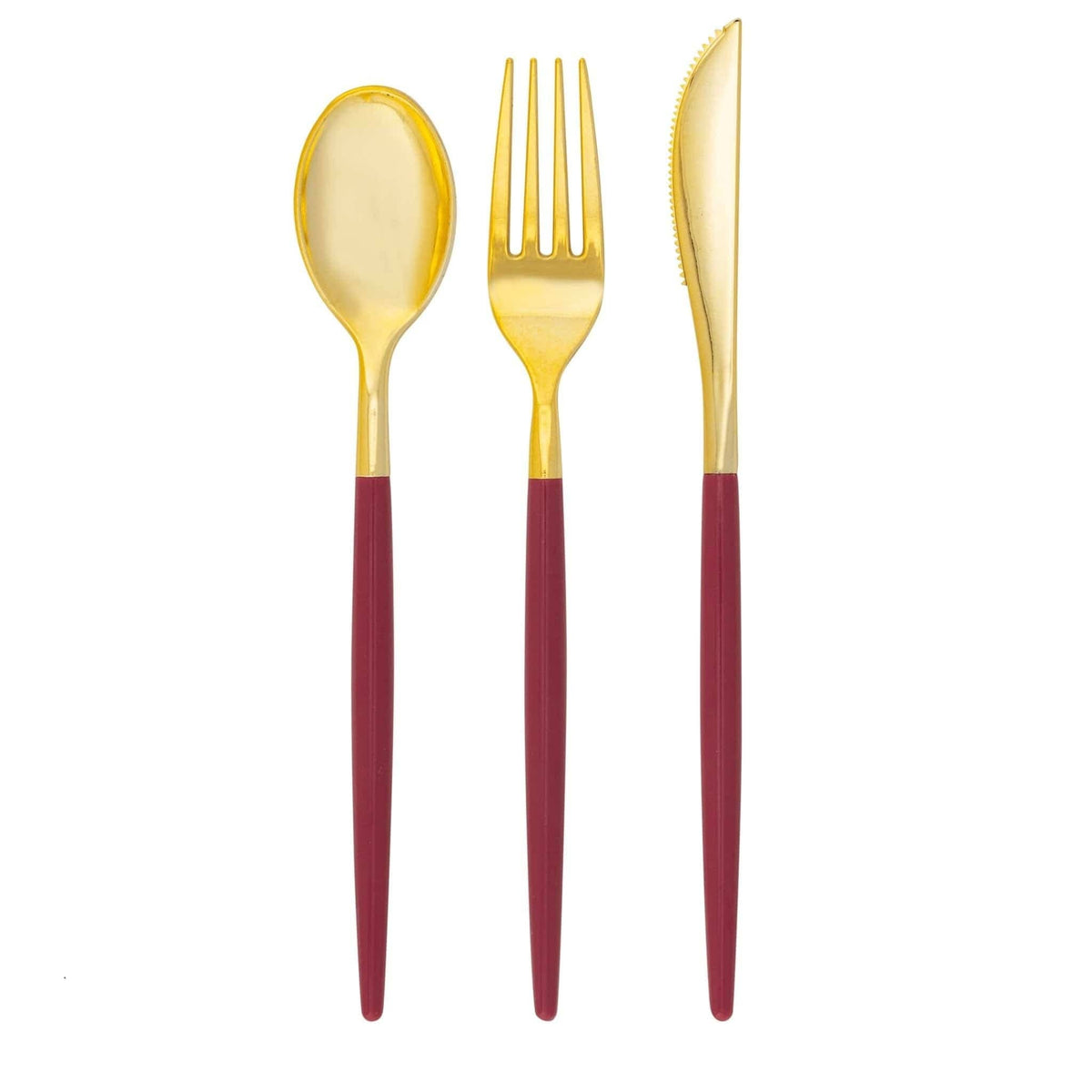 Gold cutlery set with red handles on a white background.
