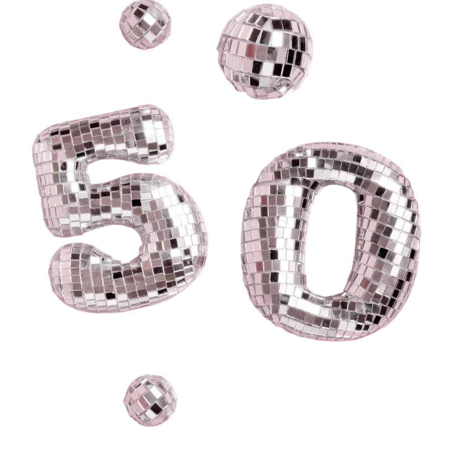 Silver disco ball numbers '50' on a white background