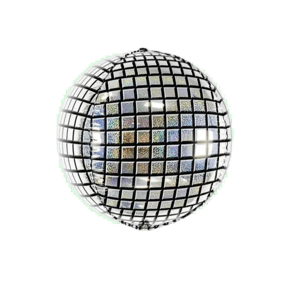 Mirror ball balloon with reflective grid pattern on a white background