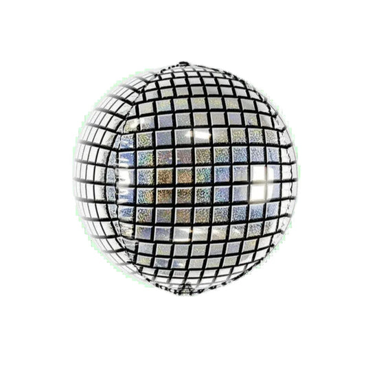 Mirror ball balloon with reflective grid pattern on a white background