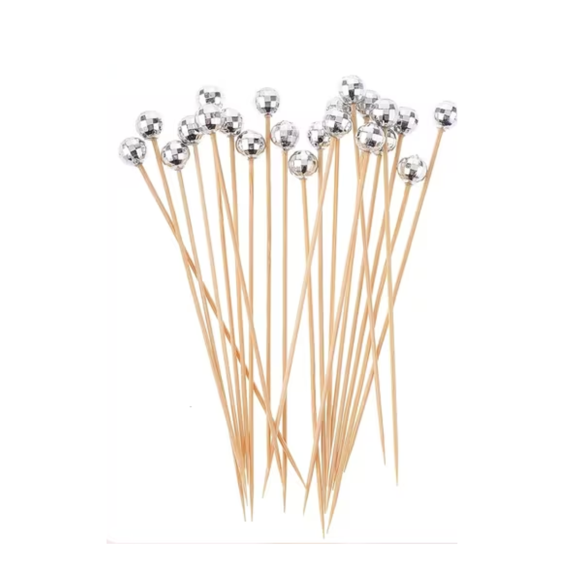 Set of wooden skewers with disco ball ends for food