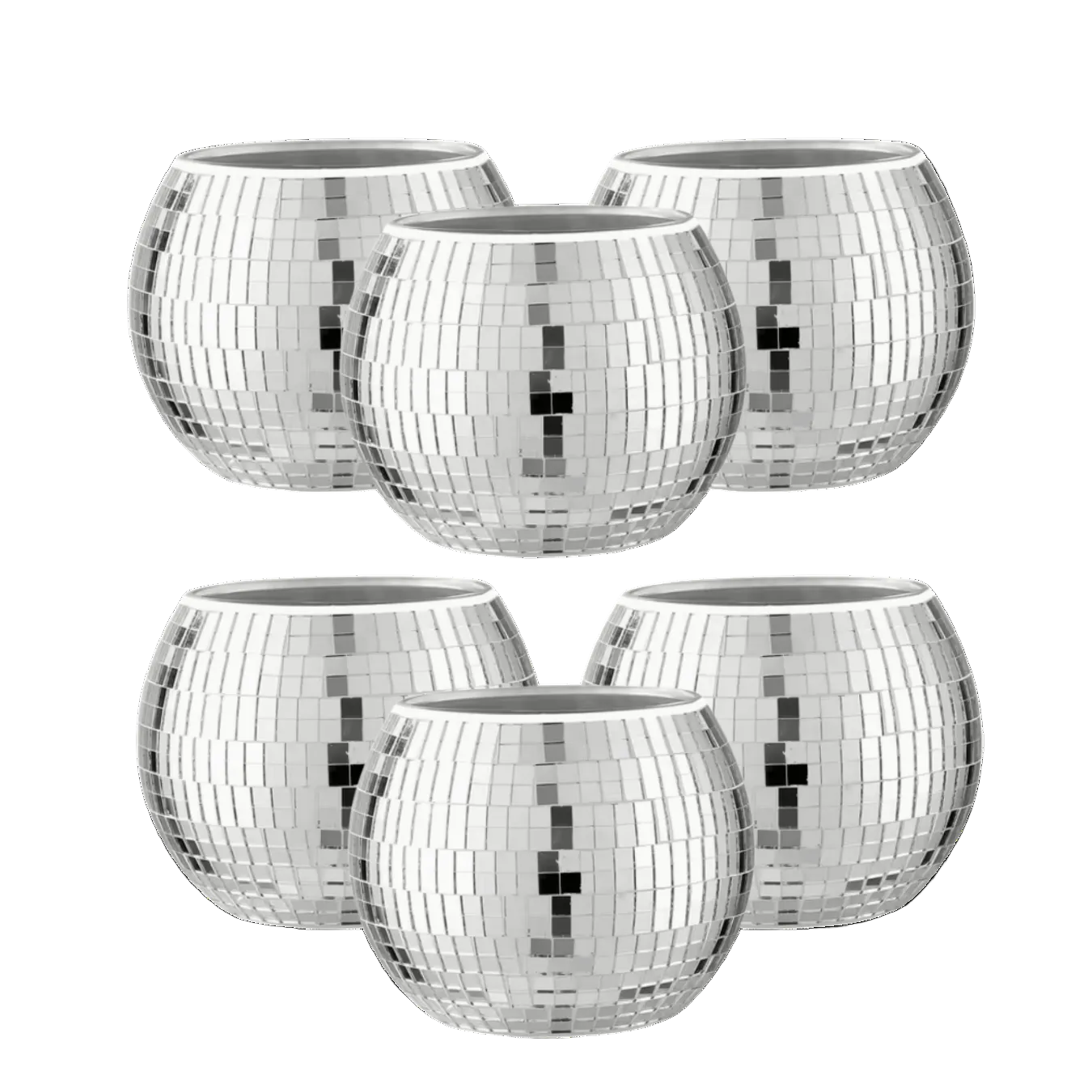 Set of six silver disco ball planters on a white background