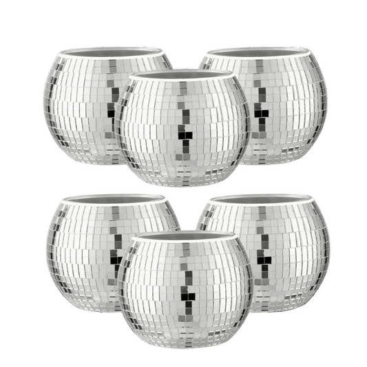 Set of six silver disco ball planters on a white background