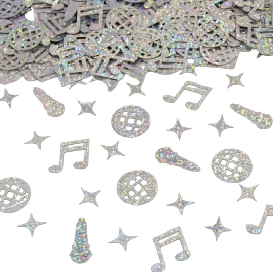 Silver musical and disco-themed confetti on a white background