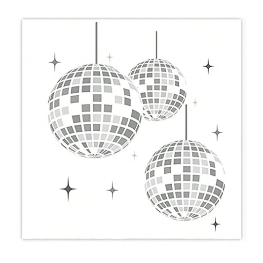 Three disco balls with a starry background