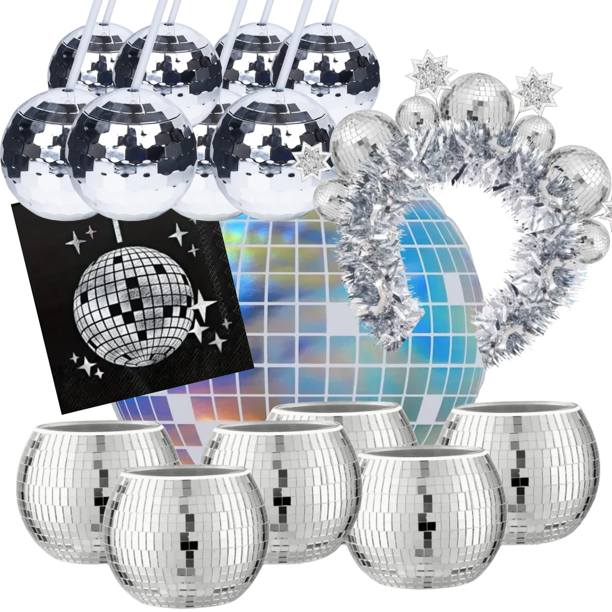 A party decoration set featuring multiple silver disco ball cups, a silver disco ball headband with tinsel trim and star accents, a black napkin with a silver disco ball graphic, and a holographic disco ball balloon, all arranged on a white background.