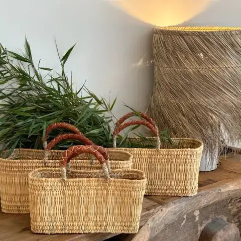 REED BASKET WITH LEATHER Handles: Small