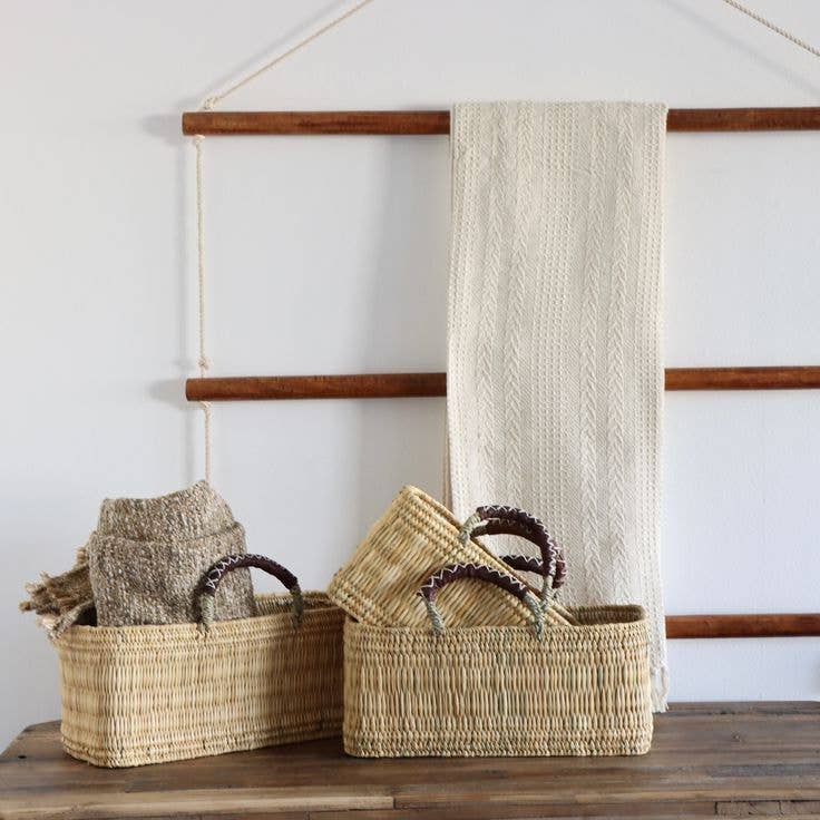 REED BASKET WITH LEATHER Handles: Small